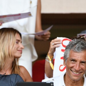 Didier Deschamps, Nagui, Cyril Rool, leurs femmes au second rang Mélanie Page, Claude Deschamps et des amis durant le Match de football de Ligue 1 opposant Monaco à Lille au stade Louis II le 18 août 2018. Pour leur première rencontre à domicile de la saison 2018/2019, les monégasques n'ont obtenu qu'un match nul 0 - 0