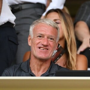 Didier Deschamps, Nagui, leurs femmes au second rang Mélanie Page, Claude Deschamps et des amis durant le Match de football de Ligue 1 opposant Monaco à Lille au stade Louis II le 18 août 2018.