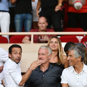 Vadim Vasilyev, le vice président de l'AS Monaco, Ludovic Giuly, Didier Deschamps, Nagui, Cyril Rool, leurs femmes au second rang Mélanie Page, Claude Deschamps et des amis durant le Match de football de Ligue 1 opposant Monaco à Lille au stade Louis II le 18 août 2018.