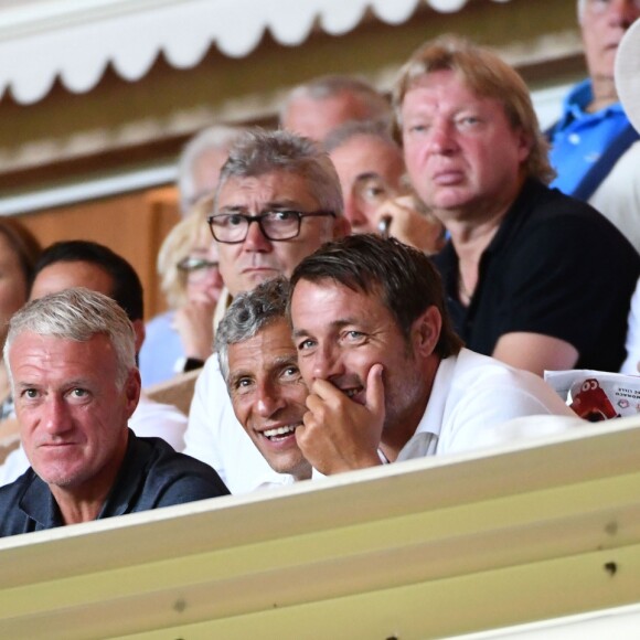 Vadim Vasilyev, le vice président de l'AS Monaco, Didier Deschamps, Nagui, Cyril Rool, sa femme au second rang Mélanie Page et des amis durant le Match de football de Ligue 1 opposant Monaco à Lille au stade Louis II le 18 août 2018.