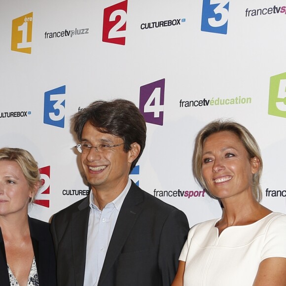 Matthieu Noël, Pierre Lescure, Anne-Elisabeth Lemoine, Bruno Patino, Anne-Sophie Lapix et Maxime Switek lors de la conférence de presse de rentrée de France Télévisions au Palais de Tokyo à Paris, le 26 août 2014.