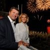 Exclusif - Christian Estrosi, le maire de Nice, assiste en compagnie de sa femme Laura Tenoudji et de leur fille Bianca au feu d'artifice sur la Promenade des Anglais à Nice, France, le 15 août 2018. La municipalité a souhaité renouer avec le traditionnel feu d'artifice du 15 août. Cette décision a été prise avec le comité de pilotage pour la mémoire des victimes de l'attentat du 14 juillet 2016. Ce feu d'artifice sera le premier sur la Promenade des Anglais depuis l'attentat. © Bruno Bébert/Bestimage