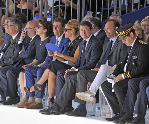 Charles Anges Ginesy, le président du Conseil Départemental des Alpes Maritimes, Laura Tenoudji et son mari Christian Estrosi, le maire de Nice, Edouard Philppe, le premier ministre, Nicole Belloubet, Garde des Sceaux, ministre de la Justice, Georges François Leclerc, le prefet des Alpes Maritimes - Le premier ministre Edouard Philippe à Nice à l'occasion de la cérémonie du 14 juillet 2018 sur la place Masséna à Nice en hommage aux victimes de l'attentat du 14 juillet 2016. Nice le 14 juillet 2018 © Pierre Rousseau / Pool / Bestimage