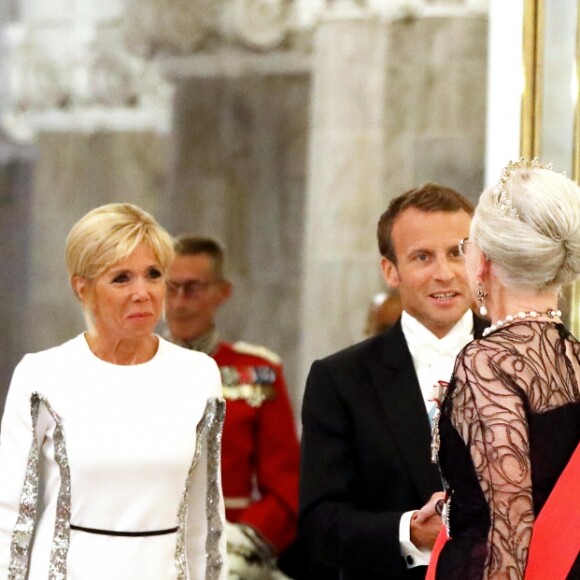 La reine Margrethe II de Danemark, le président de la République française Emmanuel Macron et sa femme la Première Dame Brigitte Macron (Trogneux) - Arrivées au dîner d'Etat donné au château de Christiansborg en l'honneur de la visite du président de la République française et sa femme la Première Dame à Copenhague, Danemark, le 29 août 2018. © Dominique Jacovides/Bestimage