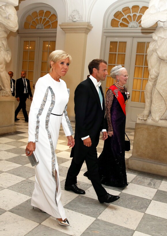 La reine Margrethe II de Danemark, le président de la République française Emmanuel Macron et sa femme la Première Dame Brigitte Macron (Trogneux) - Arrivées au dîner d'Etat donné au château de Christiansborg en l'honneur de la visite du président de la République française et sa femme la Première Dame à Copenhague, Danemark, le 29 août 2018. © Dominique Jacovides/Bestimage