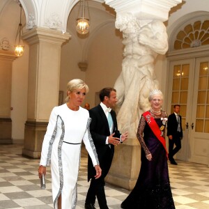 La reine Margrethe II de Danemark, le président de la République française Emmanuel Macron et sa femme la Première Dame Brigitte Macron (Trogneux) - Arrivées au dîner d'Etat donné au château de Christiansborg en l'honneur de la visite du président de la République française et sa femme la Première Dame à Copenhague, Danemark, le 29 août 2018. © Dominique Jacovides/Bestimage