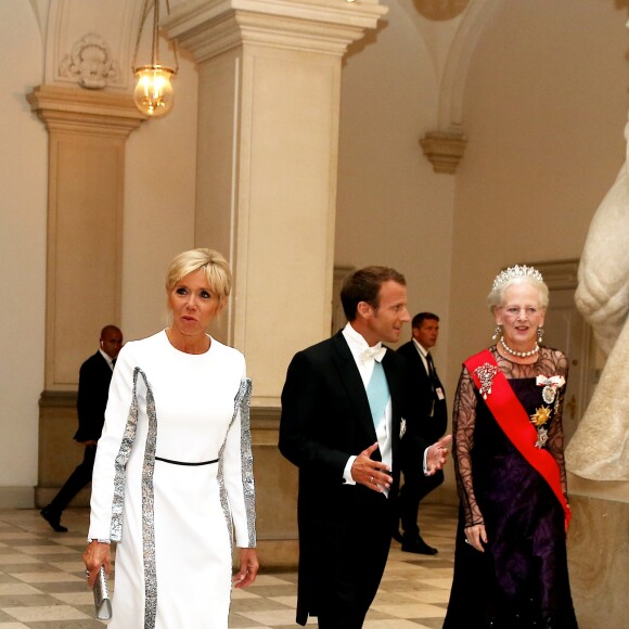 La reine Margrethe II de Danemark, le président de la République française Emmanuel Macron et sa femme la Première Dame Brigitte Macron (Trogneux) - Arrivées au dîner d'Etat donné au château de Christiansborg en l'honneur de la visite du président de la République française et sa femme la Première Dame à Copenhague, Danemark, le 29 août 2018. © Dominique Jacovides/Bestimage