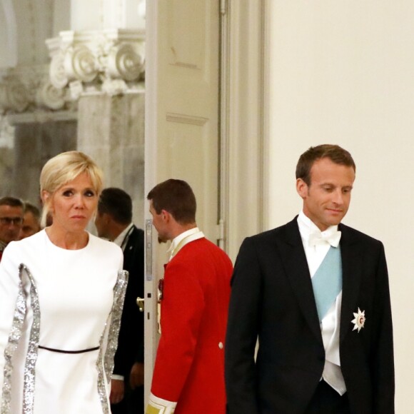 La reine Margrethe II de Danemark, le président de la République française Emmanuel Macron et sa femme la Première Dame Brigitte Macron (Trogneux) - Arrivées au dîner d'Etat donné au château de Christiansborg en l'honneur de la visite du président de la République française et sa femme la Première Dame à Copenhague, Danemark, le 29 août 2018. © Dominique Jacovides/Bestimage