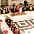 La princesse Marie de Danemark, guest, Bruno Le Maire, ministre de l'Economie et des Finances, la princesse Mary de Danemark, le président de la République française Emmanuel Macron, la reine Margrethe II de Danemark, la Première Dame Brigitte Macron (Trogneux), le prince Frederik de Danemark, Françoise Nyssen, ministre de la Culture, le prince Joachim de Danemark et Nathalie Loiseau, ministre des Affaires Européennes - Dîner d'Etat donné au château de Christiansborg en l'honneur de la visite du président de la République française et sa femme la Première Dame à Copenhague, Danemark, le 28 août 2018. © Dominique Jacovides/Bestimage