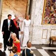 La reine Margrethe II de Danemark, le président de la République française Emmanuel Macron et sa femme la Première Dame Brigitte Macron (Trogneux) - Arrivées au dîner d'Etat donné au château de Christiansborg en l'honneur de la visite du président de la République française et sa femme la Première Dame à Copenhague, Danemark, le 29 août 2018. © Dominique Jacovides/Bestimage