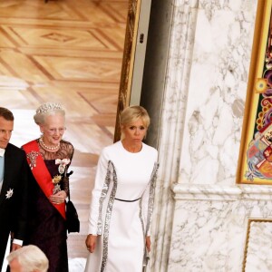 La reine Margrethe II de Danemark, le président de la République française Emmanuel Macron et sa femme la Première Dame Brigitte Macron (Trogneux) - Arrivées au dîner d'Etat donné au château de Christiansborg en l'honneur de la visite du président de la République française et sa femme la Première Dame à Copenhague, Danemark, le 29 août 2018. © Dominique Jacovides/Bestimage