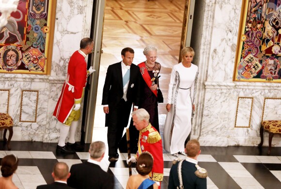 La reine Margrethe II de Danemark, le président de la République française Emmanuel Macron et sa femme la Première Dame Brigitte Macron (Trogneux) - Arrivées au dîner d'Etat donné au château de Christiansborg en l'honneur de la visite du président de la République française et sa femme la Première Dame à Copenhague, Danemark, le 29 août 2018. © Dominique Jacovides/Bestimage
