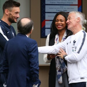 Hugo Lloris, capitaine de l'équipe de France de football, Laura Flessel, ministre des sports, Noël Le Graët, président de la fédération française de football, Didier Deschamps, sélectionneur de l'équipe de France de Football - Le président et son épouse rencontrent les joueurs de l'équipe de France de football qui participeront à la coupe du monde au centre de Clairefontaine le 5 juin 2018. © Dominique Jacovides / Cyril Moreau / Bestimage