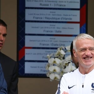 Hugo Lloris, capitaine de l'équipe de France de football, Laura Flessel, ministre des sports, Noël Le Graët, président de la fédération française de football, Didier Deschamps, sélectionneur de l'équipe de France de Football - Le président et son épouse rencontrent les joueurs de l'équipe de France de football qui participeront à la coupe du monde au centre de Clairefontaine le 5 juin 2018. © Dominique Jacovides / Cyril Moreau / Bestimage