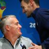 Didier Deschamps, Hugo Lloris - Conférence presse de l'équipe de France à Rio de Janeiro au Brésil avant leur rencontre contre l'Allemagne an quart de finale de la coupe du monde, le 3 juillet 2014.