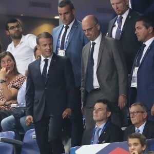 Le président de la République Emmanuel Macron et Jean-Michel Blanquer, ministre de l'Education Nationale dans les tribunes lors de la Ligue des nations opposant la France aux Pays-Bas, au Stade de France, à Saint-Denis, Seine Saint-Denis, France, le 9 septembre 2018. La France a gagné 2-1. © Cyril Moreau/Bestimage