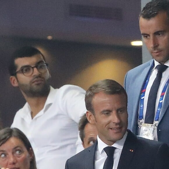 Le président de la République Emmanuel Macron et Jean-Michel Blanquer, ministre de l'Education Nationale dans les tribunes lors de la Ligue des nations opposant la France aux Pays-Bas, au Stade de France, à Saint-Denis, Seine Saint-Denis, France, le 9 septembre 2018. La France a gagné 2-1. © Cyril Moreau/Bestimage