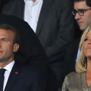 Le président de la République Emmanuel Macron et sa femme la Première Dame Brigitte Macron (Trogneux) dans les tribunes lors de la Ligue des nations opposant la France aux Pays-Bas, au Stade de France, à Saint-Denis, Seine Saint-Denis, France, le 9 septembre 2018. La France a gagné 2-1. © Cyril Moreau/Bestimage