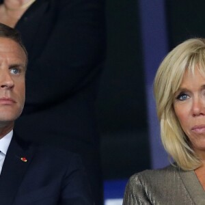 Le président de la République Emmanuel Macron et sa femme la Première Dame Brigitte Macron (Trogneux) dans les tribunes lors de la Ligue des nations opposant la France aux Pays-Bas, au Stade de France, à Saint-Denis, Seine Saint-Denis, France, le 9 septembre 2018. La France a gagné 2-1. © Cyril Moreau/Bestimage