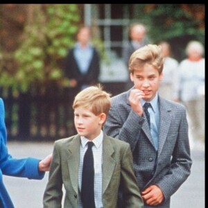 Lady Diana avec le prince Harry et le prince William à la sortie de l'Eton College en novembre 1995.