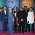 Billy Magnussen, Julia Garner, Emma Stone, Jonah Hill, Justin Theroux, Trudie Styler à la première de Maniac au Rockefeller Center à New York, le 20 septembre 2018
