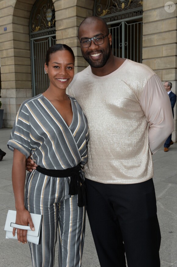 Semi-exclusif - Teddy Riner et sa compagne Luthna - Inauguration de la boutique Audemars Piguet, 15 rue Royale, et présentation de la nouvelle collection Royal Oak Yellow Gold, à Paris, le 26 mai 2016. © Rachid Bellak/Bestimage