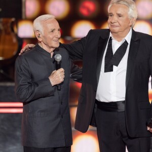 Exclusif - Charles Aznavour et Michel Sardou - Enregistrement de l'émission "Dernier Show" de Michel Sardou, au Palais des Sports à Paris, le 12 septembre 2017 © Pierre Perusseau / Bestimage