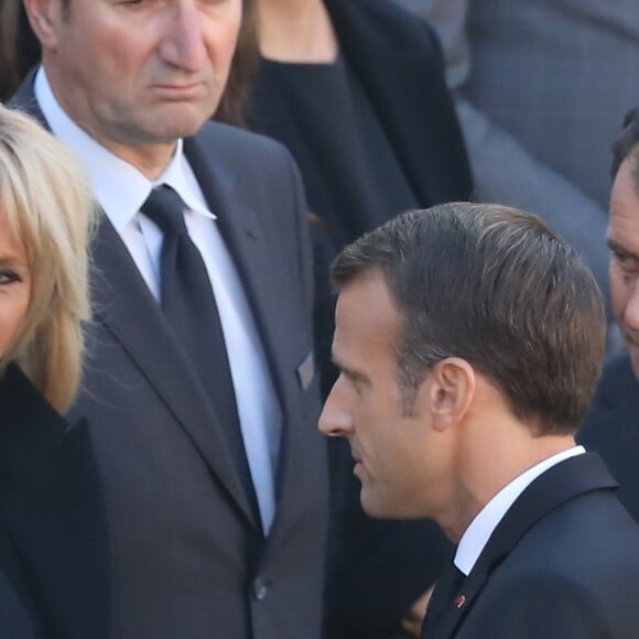 Ulla Aznavour et sa fille Katia, Brigitte et Emmanuel Macron - Arrivées à l'hommage national à Charles Aznavour à l'Hôtel des Invalides à Paris. Le 5 octobre 2018 © Jacovides-Moreau / Bestimage