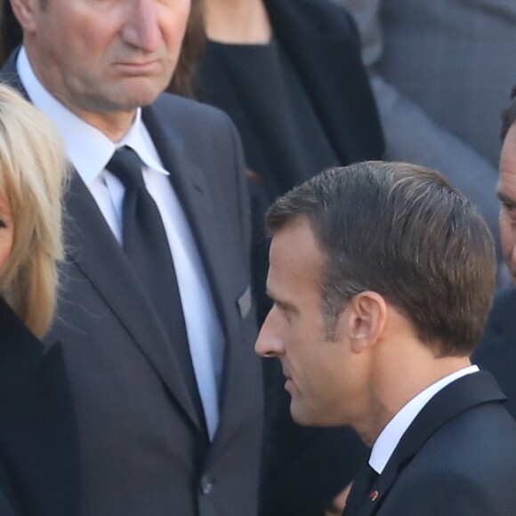 Ulla Aznavour et ses enfants Nicolas, Mischa et Katia, Brigitte et Emmanuel Macron - Arrivées à l'hommage national à Charles Aznavour à l'Hôtel des Invalides à Paris. Le 5 octobre 2018 © Jacovides-Moreau / Bestimage