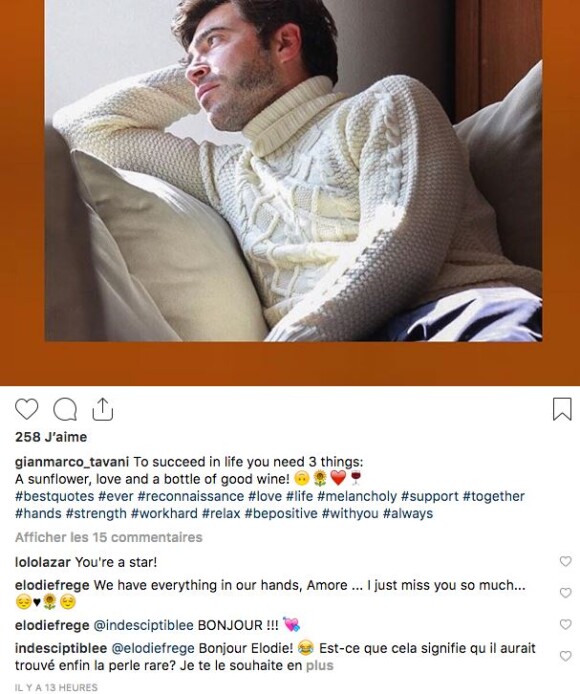 Gian Marco a publié une photo sur Instagram le 24 octobre 2018, qu'Elodie Frégé a commentée.