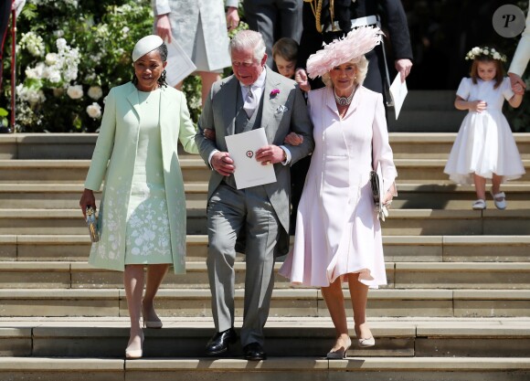 Doria Ragland, le prince Charles et Camilla Parker Bowles au mariage du prince Harry et de Meghan Markle à Windsor le 19 mai 2018.