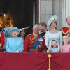 Le prince Charles, le prince Harry et Meghan Markle, duchesse de Sussex, au balcon du palais de Buckingham lors de la parade Trooping the Colour à Londres, le 9 juin 2018.