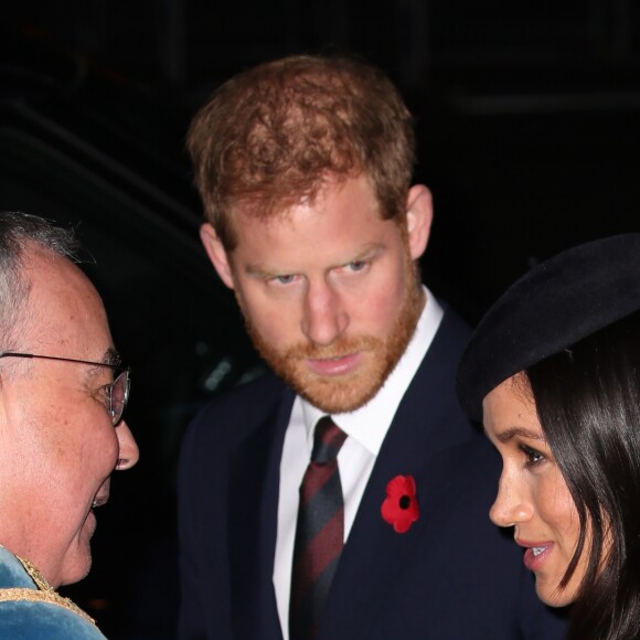 Le prince Harry, duc de Sussex, et Meghan Markle (enceinte), duchesse de Sussex - La famille royale d'Angleterre à son arrivée à l'abbaye de Westminster pour un service commémoratif pour le centenaire de la fin de la Première Guerre Mondiale à Londres. Le 11 novembre 2018