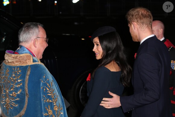 Le prince Harry, duc de Sussex, et Meghan Markle (enceinte), duchesse de Sussex - La famille royale d'Angleterre à son arrivée à l'abbaye de Westminster pour un service commémoratif pour le centenaire de la fin de la Première Guerre Mondiale à Londres. Le 11 novembre 2018