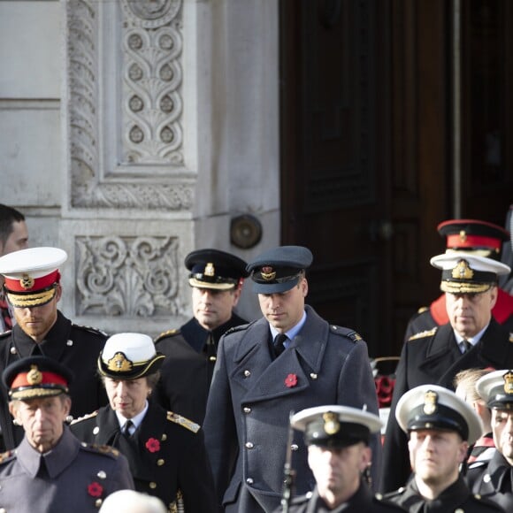 La princesse Anne, le prince Harry, duc de Sussex et le prince William, duc de Cambridge lors de la cérémonie du centenaire de l'armistice du 11 novembre 1918 au palais de Whitehall à Londres, Royaume Uni, le 11 novembre 2018.
