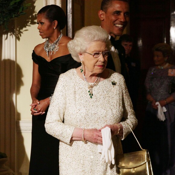 Barack et Michelle Obama avec la reine Elizabeth II et le duc d'Edimbourg le 25 mai 2011 à la résidence de l'ambassadeur des Etats-Unis à Londres.