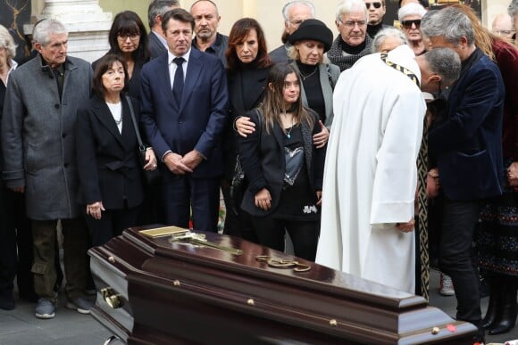 Christian Estrosi, Claude Lelouch, Denise Fabre lors des obsèques de Francis Lai à Nice, France, 14 Novembre 2018.