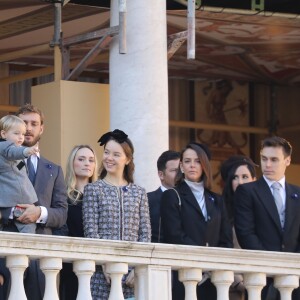 Tatiana Santo Domingo, son mari Andrea Casiraghi et leur fils Sacha, Pierre Casiraghi et son fils Stefano, Roisin Galvin, la princesse Alexandra de Hanovre, Pauline Ducruet et son frère Louis Ducruet au palais princier de Monaco le 19 novembre 2018 lors de la prise d'armes dans le cadre des célébrations de la fête Nationale monégasque. © Dominique Jacovides/PRM/Bestimage