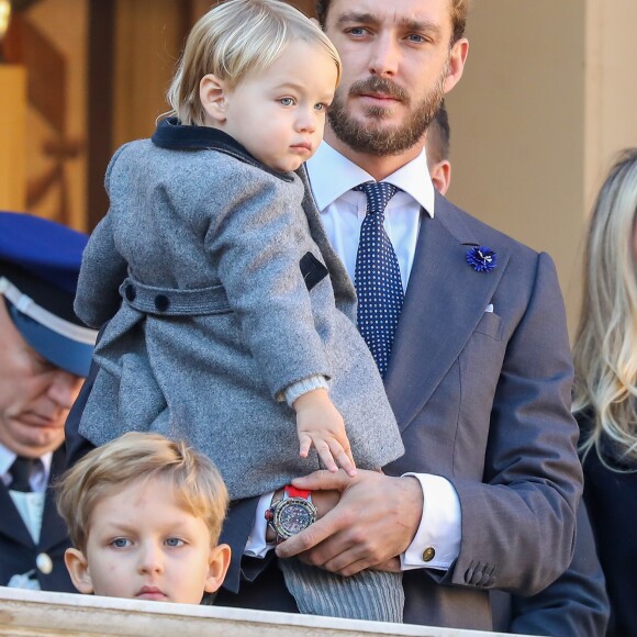 Sacha Casiraghi (au premier plan), Pierre Casiraghi et son fils Stefano au palais princier de Monaco le 19 novembre 2018 lors de la prise d'armes dans le cadre des célébrations de la fête Nationale monégasque. © Dominique Jacovides /PRM/ Bestimage