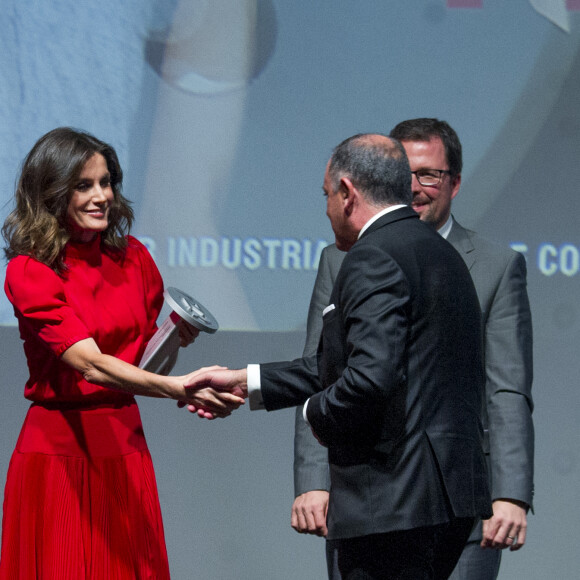 La reine Letizia d'Espagne, vêtue d'une robe portée près d'une quarantaine d'années plus tôt par sa belle-mère la reine Sofia, présidait à la remise des Prix Nationaux de la Mode espagnole au Musée du Costume à Madrid le 19 décembre 2018.