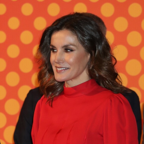 La reine Letizia d'Espagne, vêtue d'une robe portée près d'une quarantaine d'années plus tôt par sa belle-mère la reine Sofia, présidait à la remise des Prix Nationaux de la Mode espagnole au Musée du Costume à Madrid le 19 décembre 2018.