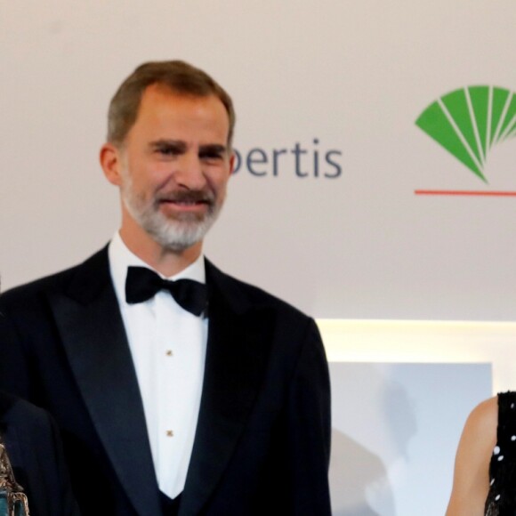 Le roi Felipe VI et la reine Letizia d'Espagne (robe à sequins Carolina Herrera) lors de la cérémonie de remise des prix de journalisme "Mariano de Cavia", "Luca de Tena" et "Mingote" à Madrid le 17 décembre 2018