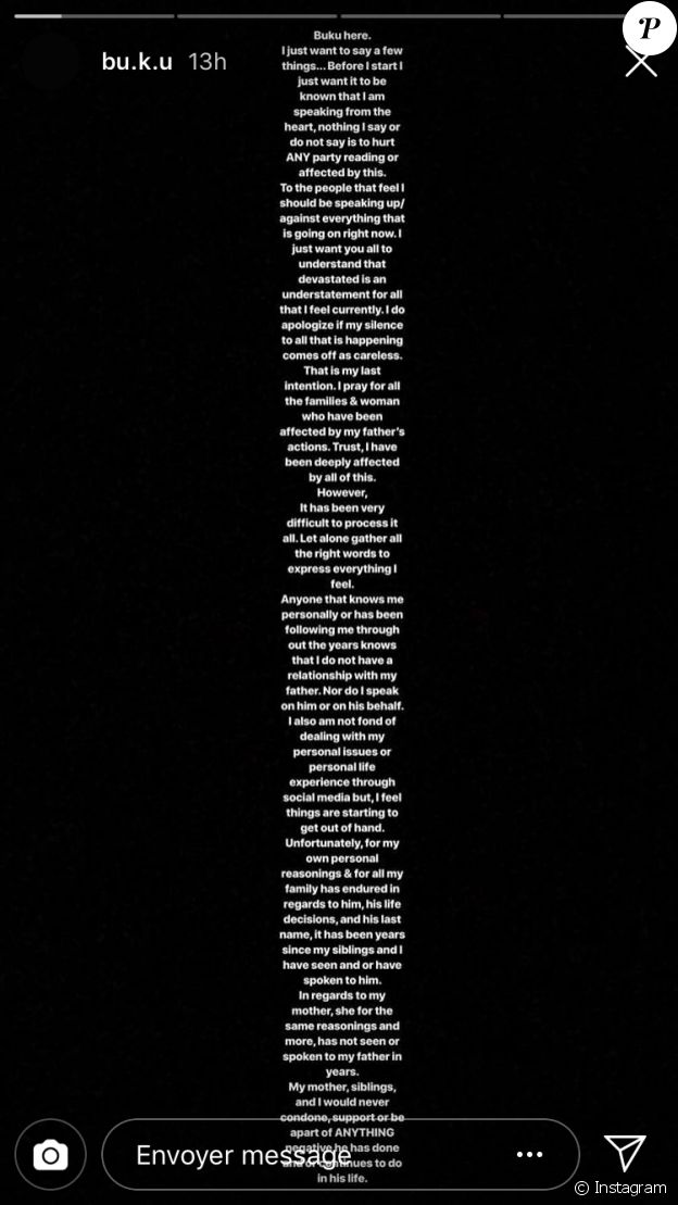 La fille aînée de R. Kelly, Joann (20 ans), s'est exprimée pour la première fois au sujet des accusations portées contre son père dans un message publié sur Instagram le 10 janvier 2019. Elle dénonce les souffrances causées par le chanteur, pointé du doigt depuis de nombreuses années pour des faits de violences sexuelles. Joann Kelly affirme son soutien aux victimes de R. Kelly, l'accusant de "monstre".