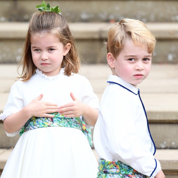 La princesse Charlotte de Cambridge, le prince George - Sorties après la cérémonie de mariage de la princesse Eugenie d'York et Jack Brooksbank en la chapelle Saint-George au château de Windsor le 12 octobre 2018.
