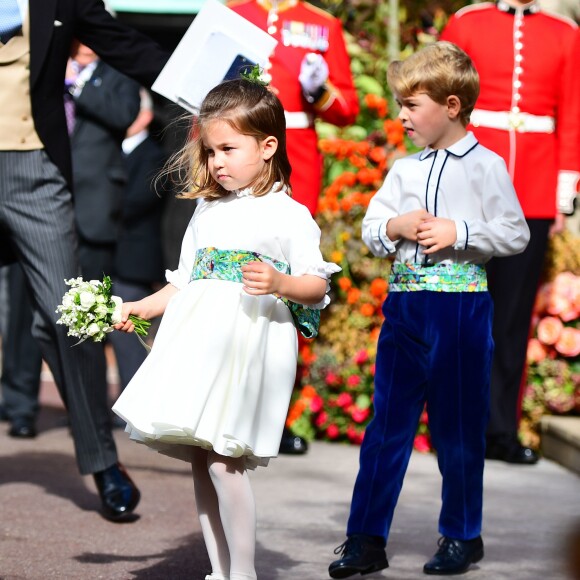 La princesse Charlotte de Cambridge et le prince George de Cambridge - Sorties après la cérémonie de mariage de la princesse Eugenie d'York et Jack Brooksbank en la chapelle Saint-George au château de Windsor le 12 octobre 2018.