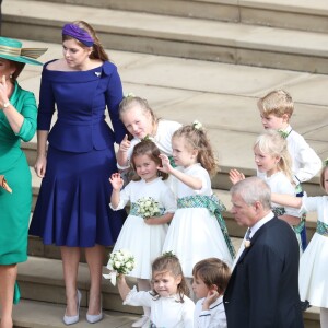 Sarah Ferguson, duchesse d'York et la princesse Beatrice d'York, le prince George de Cambridge et la princesse Charlotte de Cambridge - Sorties après la cérémonie de mariage de la princesse Eugenie d'York et Jack Brooksbank en la chapelle Saint-George au château de Windsor, Royaume Uni, le 12 octobre 2018.