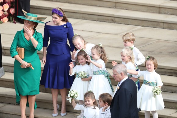 Sarah Ferguson, duchesse d'York et la princesse Beatrice d'York, le prince George de Cambridge et la princesse Charlotte de Cambridge - Sorties après la cérémonie de mariage de la princesse Eugenie d'York et Jack Brooksbank en la chapelle Saint-George au château de Windsor, Royaume Uni, le 12 octobre 2018.
