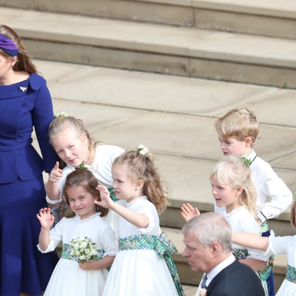 Sarah Ferguson, duchesse d'York et la princesse Beatrice d'York, le prince George de Cambridge et la princesse Charlotte de Cambridge - Sorties après la cérémonie de mariage de la princesse Eugenie d'York et Jack Brooksbank en la chapelle Saint-George au château de Windsor, Royaume Uni, le 12 octobre 2018.
