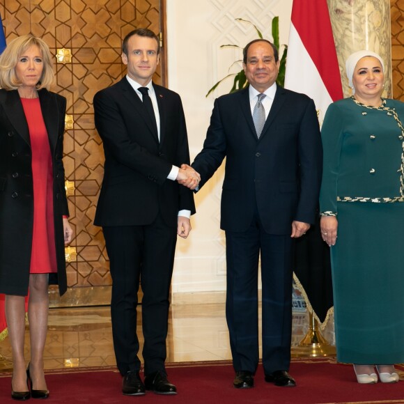 Brigitte et Emmanuel Macron, Abdel Fattah al-Sissi et sa femme Entissar Amer - Cérémonie d'accueil du président de la République française par le président de la République égyptienne au palais présidentiel au Caire. Le 28 janvier 2019 © Romuald Meigneux / Pool / Bestimage
