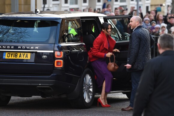 Le prince Harry, duc de Sussex, et Meghan Markle (enceinte), duchesse de Sussex, arrivent à Birkenhead. Le couple doit rencontrer de nombreux acteurs d'organisations locales. Le 14 janvier 2019